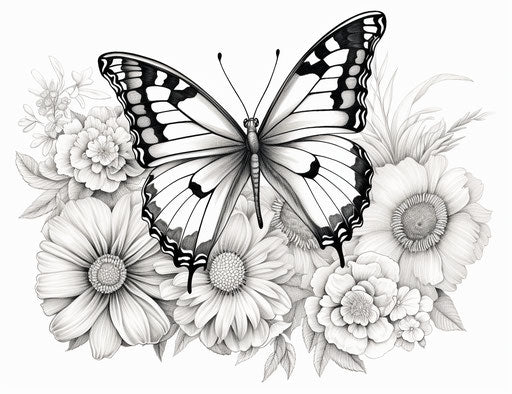 Black and white butterfly on flowers, commission style for Hinchel