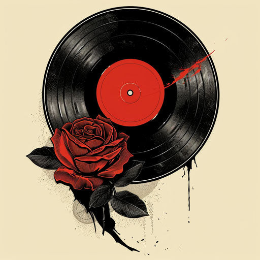 Retro tattoo sketch of a vinyl record with a rose entwined, classic black and red clipart style