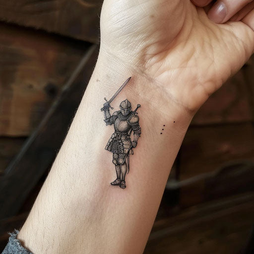 Small wrist tattoos of a knight, in the style of Glenn Fabry
