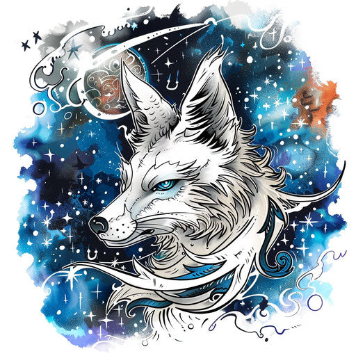 Cosmic flat tattoo sketch of a kitsune with starry patterns