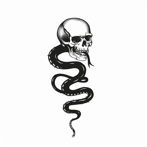 Minimalistic flat tattoo sketch in clipart style, dark mark with a simple black serpent entwined around a skull