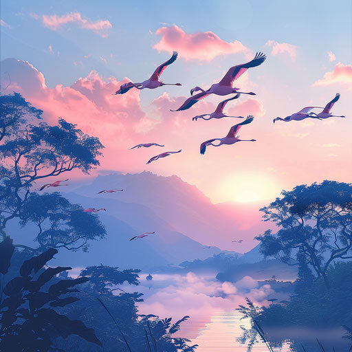 Flight of flamingos over mountain landscape at dawn