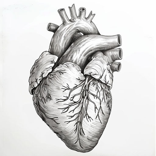 Anatomical heart in detailed linework on white