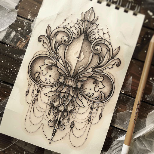 Elegant tattoo sketch of a fleur de lis with lace and soft grey