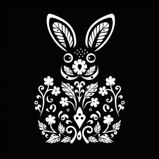 Easter bunny silhouette on white background, floral patterns, woodcuts, black and white realism, whimsical animation, traditional Mexican style, paper cut-outs, black background