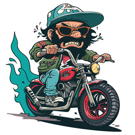Cartoonish biker tattoo sketch with playful colors