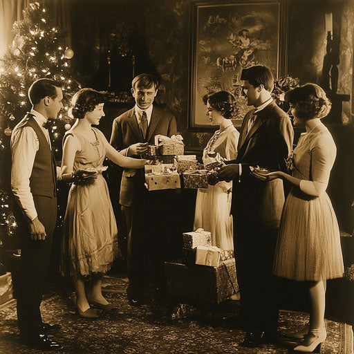 1920s Christmas celebration, adults in flapper dresses exchange handmade gifts