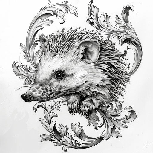 Baroque tattoo sketch of a hedgehog with ornate details