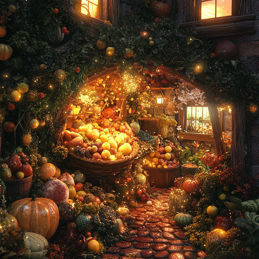 The magical cornucopia in a cozy setting with warm light