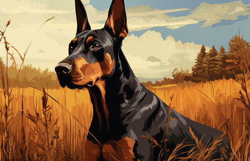 Doberman pinscher dog in the field, dark orange and dark maroon style
