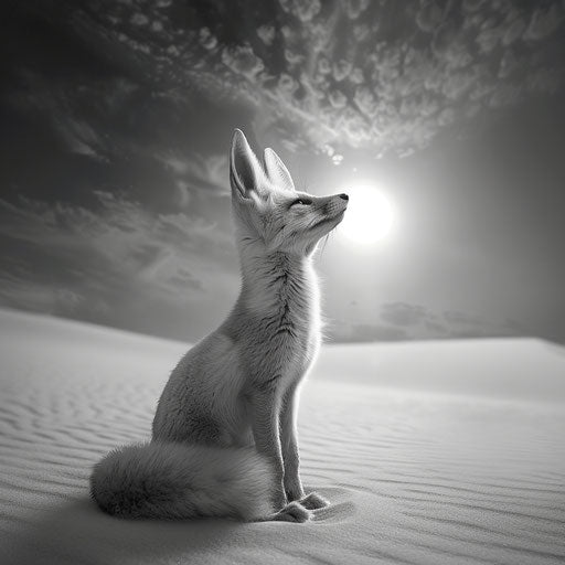 Fennec fox in a poetic black and white desert