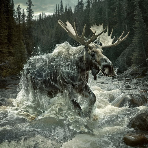 Majestic moose in rushing river
