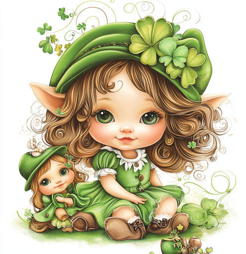 St. Patrick's Day baby girl with a leprechaun and a cute doll