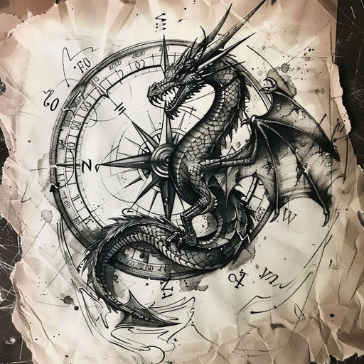 Black dragon encircling a classic nautical compass