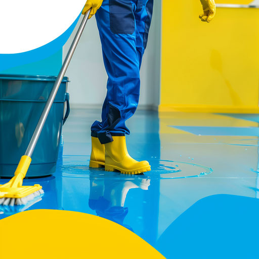 Cleaning company logo in blue and yellow with a vibrant, professional background