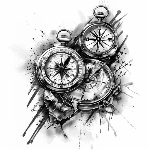 True north tattoo with compass and clock, time travel theme