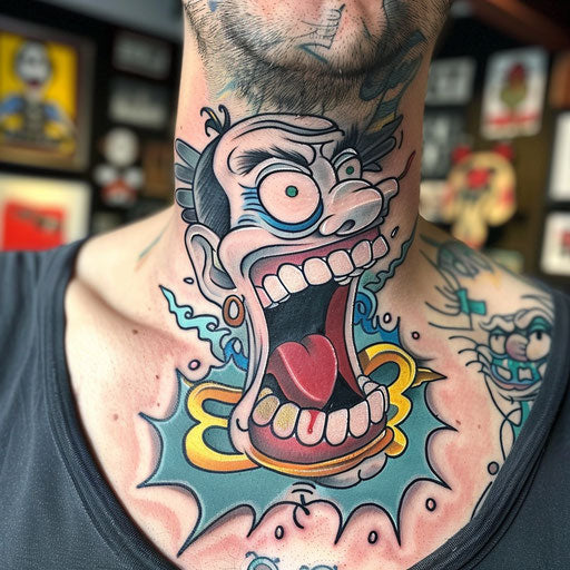 Throat tattoos with cartoonish flair, Steve Sack style