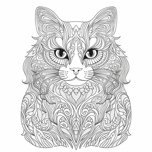 Cat and ornate pattern coloring book for adults, subtle cottagepunk style