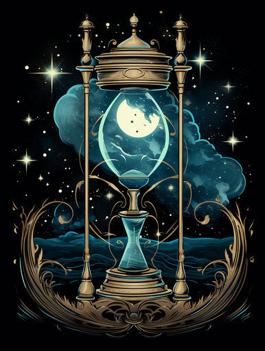 Lunar hourglass with stars, nightmarish illustration