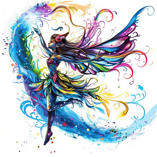 Colorful fairy tattoo design on white canvas