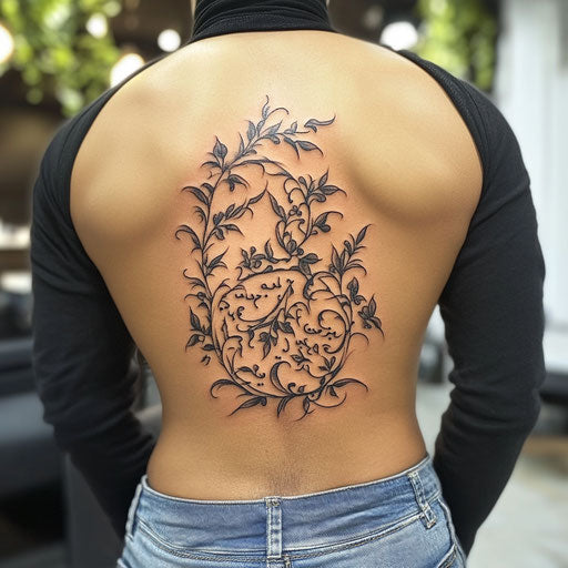 Arabic tattoo with a name entwined with vines on lower back