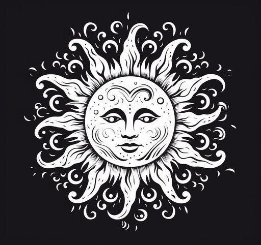 Black and white sun with closed eye, ornate whimsical style