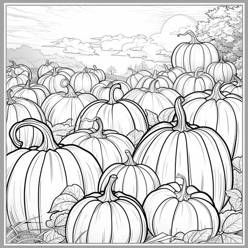 Stylized pumpkin patch, coloring book page
