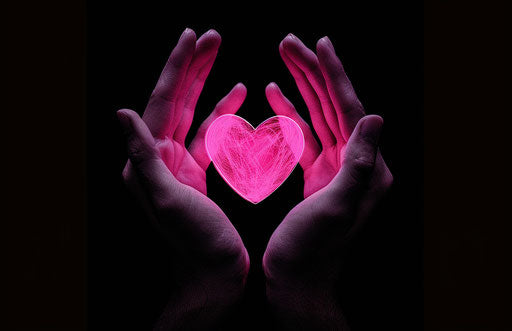 Hands with pink heart forming a kiss symbol