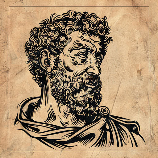 Rustic flat tattoo sketch of Marcus Aurelius in a traditional woodcut style