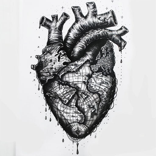 Black heart with detailed map and travel motifs