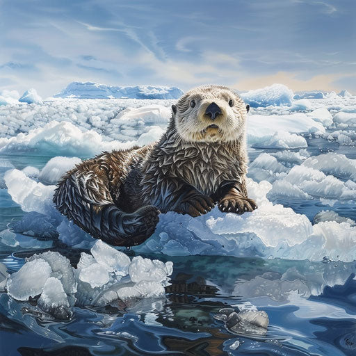 Sea otter in field of ice floes, icon of adaptability and ecological importance