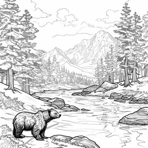 Mountain scene with a bear fishing in a crystal-clear river