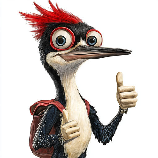 Humorous caricature of a woodpecker caricature clipart with human characteristics, exaggerated long eyelashes, long arms, carrying a bag, vibrant colors, cartoon style, thumbs up, high resolution, no background, isolated