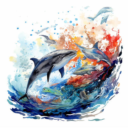 Ocean animals clipart in the style of Impressionistic Art, on a white background