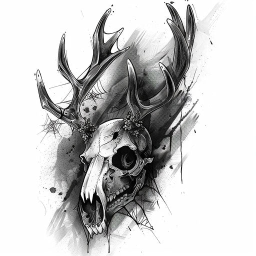 Creepy deer skull tattoo with cobwebs and shadows