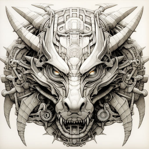 Dragon drawing, robotic kids style, clean ink, ornamental details