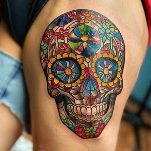 Sugar skull with stained glass patterns, vibrant reflections