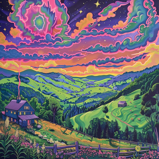 Music festival poster, Virginia, blue mountains, trippy sky, farm