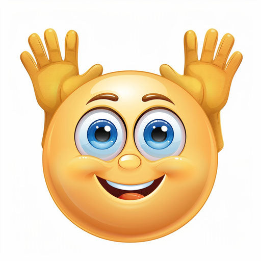 Cute emoji with raised hands, blue eyes, and yellow body