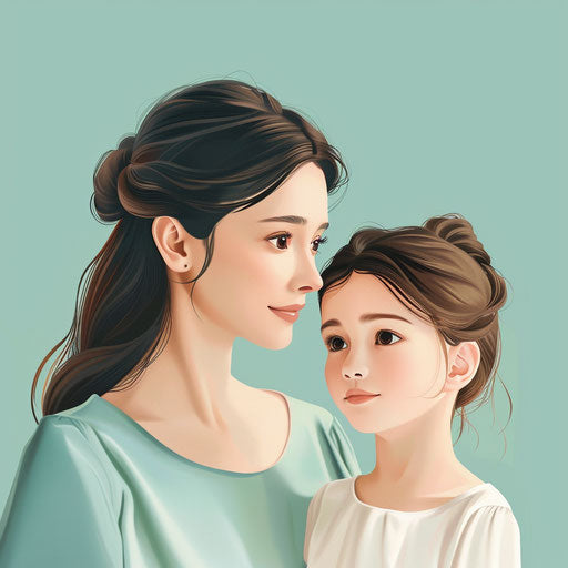 Ultra realistic mother and daughter clipart on serene blue background