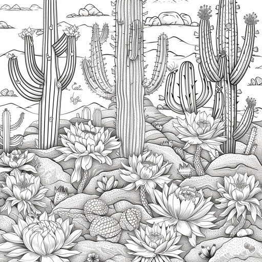 Desert cactus and lizard patterns. Coloring book page