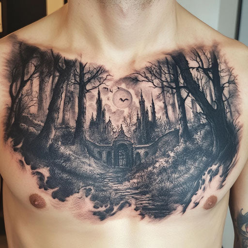 Haunting forest landscape chest piece tattoo with shadows