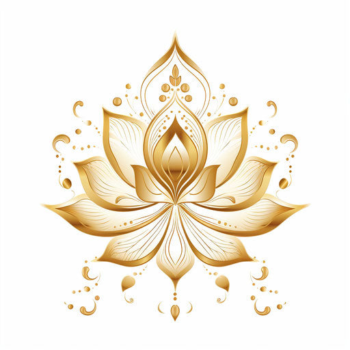 Golden lotus flower with intricate vines on white background