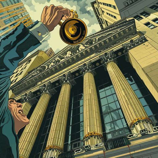 Illustration of finance showing the excitement of ringing the stock exchange bell