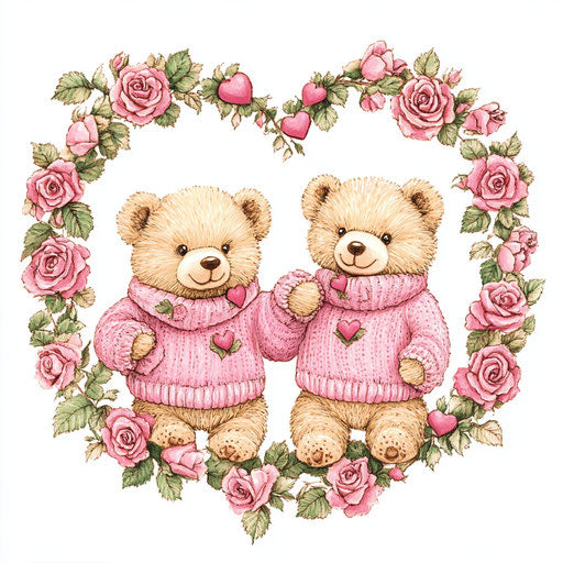Sweet teddy bear pair in pink sweaters surrounded by roses