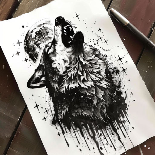 Black and grey wolf howling at moon and stars tattoo