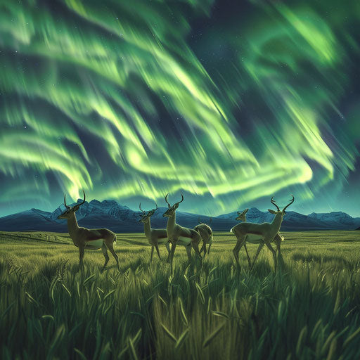 Gazelles under the northern lights, a surreal blend of natural wonders in a grassy field
