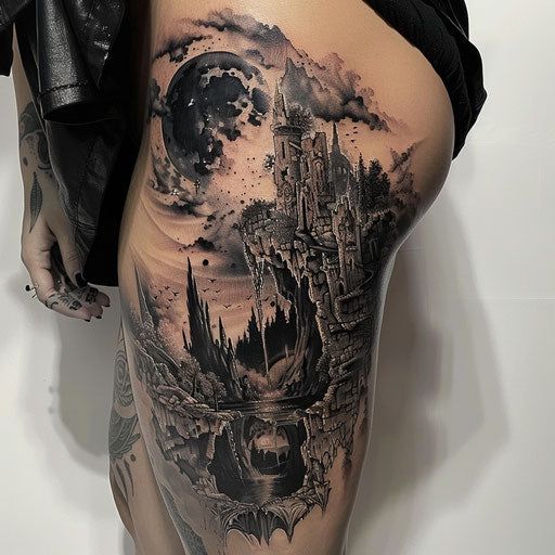 Thigh tattoo of dark, surreal landscapes