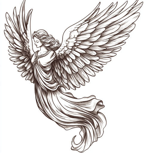 Beautiful flat tattoo sketch of a guardian angel with spread wings