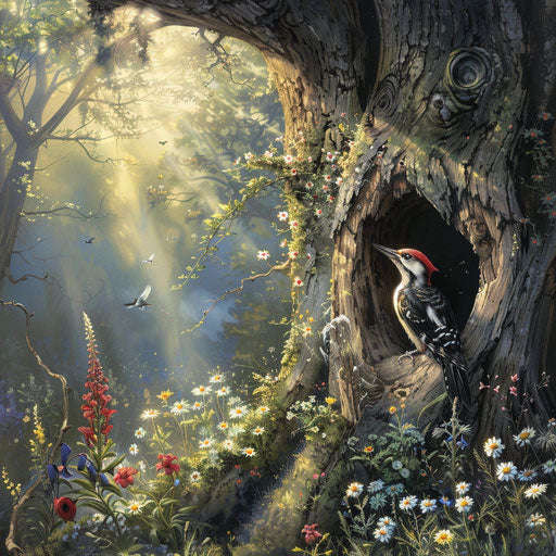 Bird nesting in a hollow tree trunk